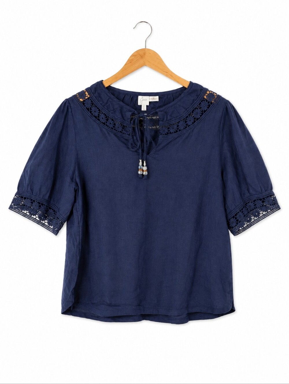504-Joie Anthropologie Navy Crochet Trim Short Sleeve Blouse 💯 Linen